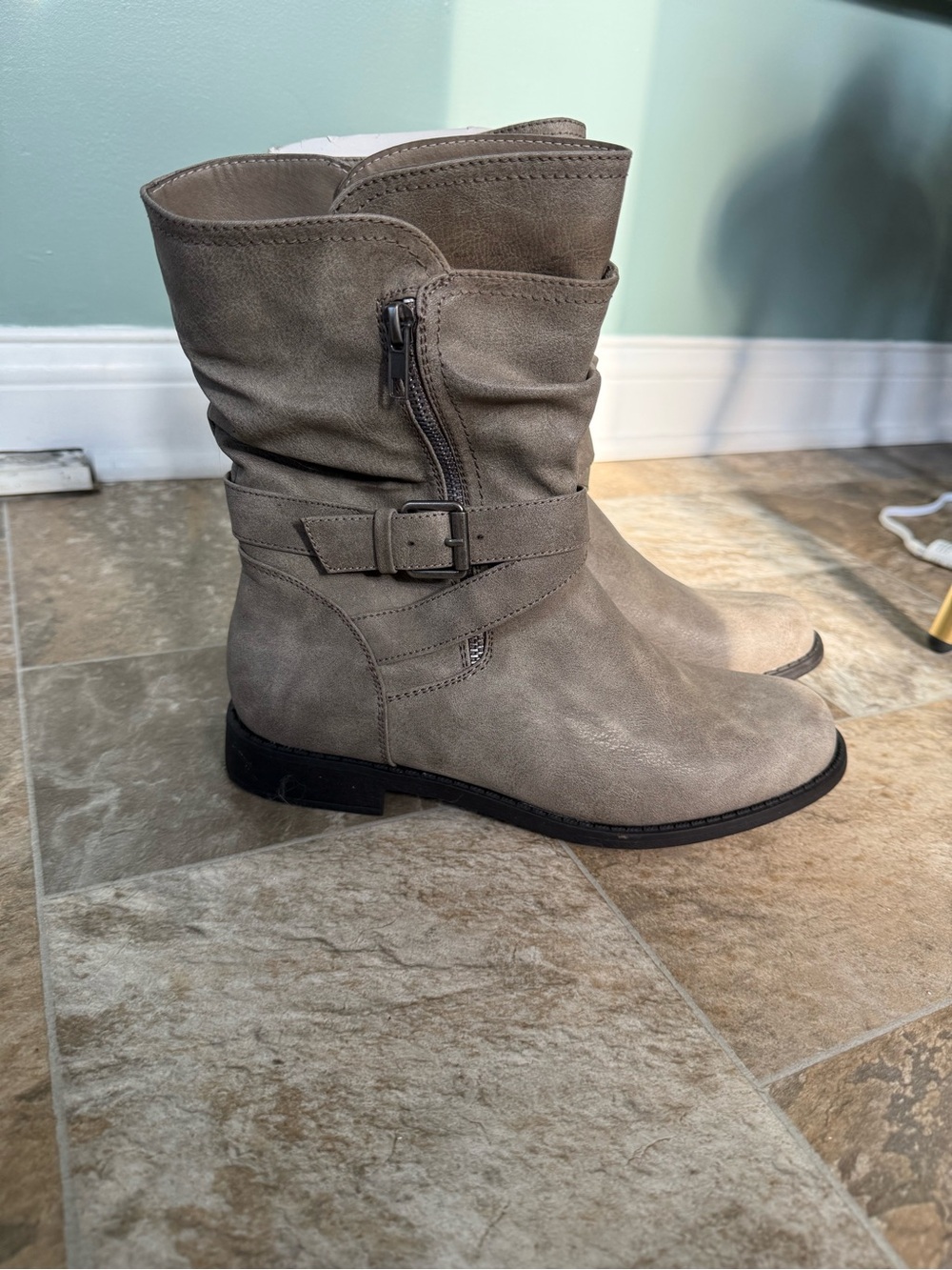 Women's Taupe Mid-Calf Buckle Boots